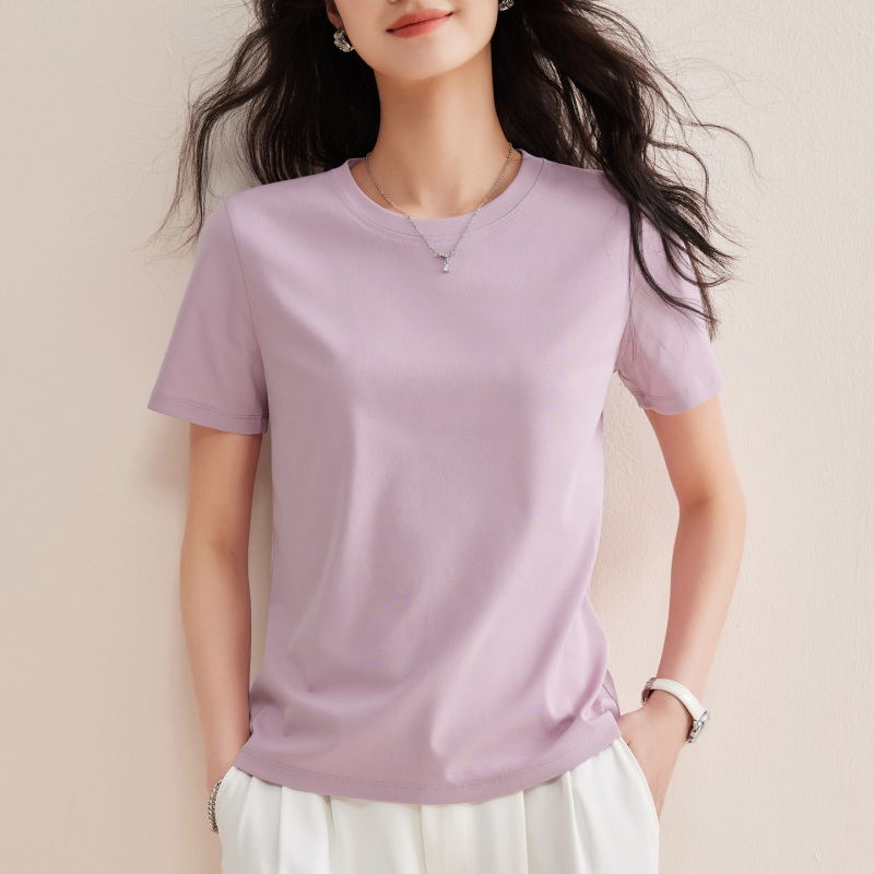 80-Count Mercerized Cotton Regular Shoulder Short-Sleeve T-Shirt for Women, Summer 2026 New Style, Cool Round Neck Versatile Half-Sleeve Top