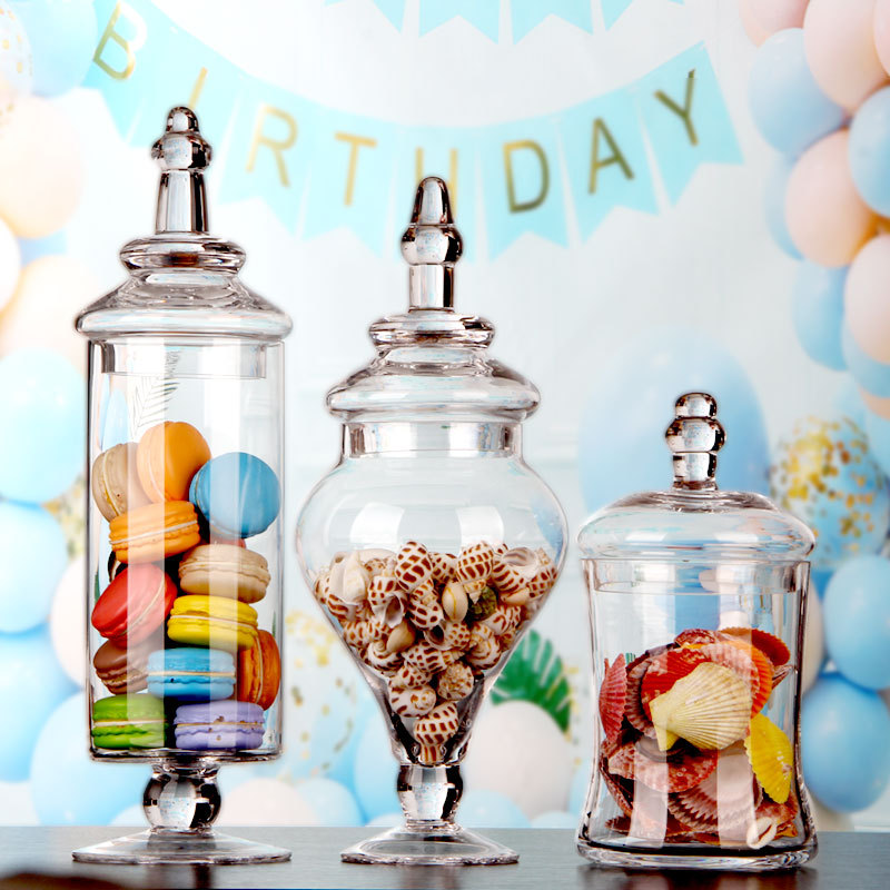 European-Style Transparent Glass Candy Jar with Lid, Glass Storage Jar, Soft Decoration Glass Bottle, Decorative Wedding Dessert Table Ornaments
