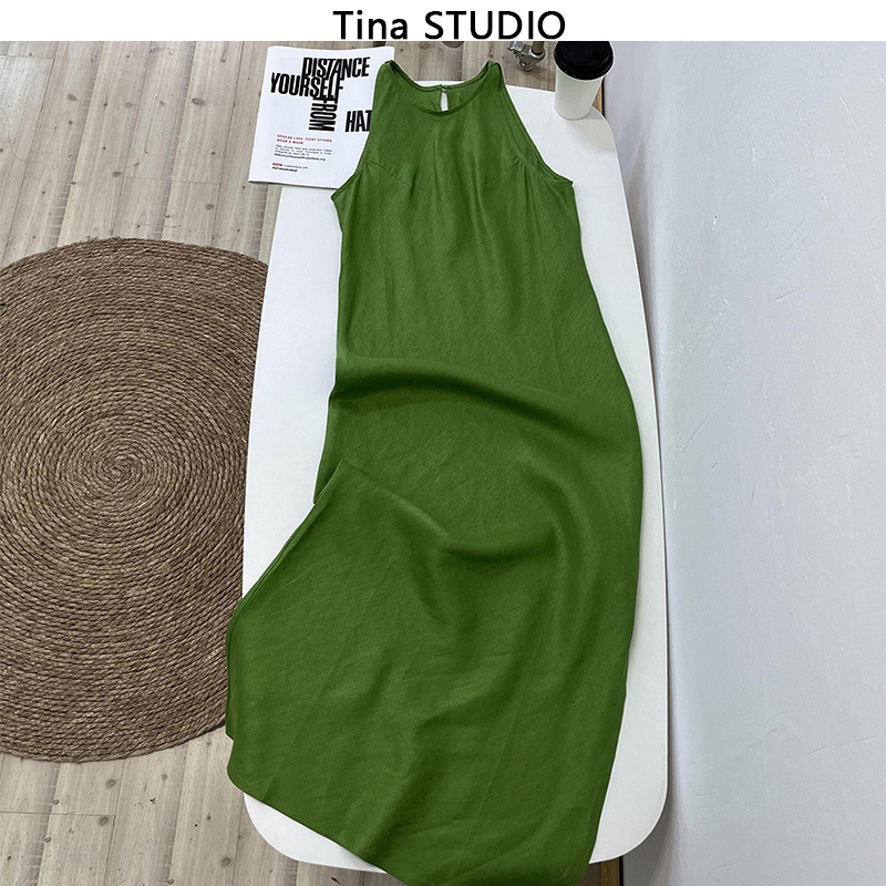 45-Degree Bias-Cut High-Quality 100% Linen New Chinese-Style Cool and Elegant Sleeveless Mid-Length Dress for Women