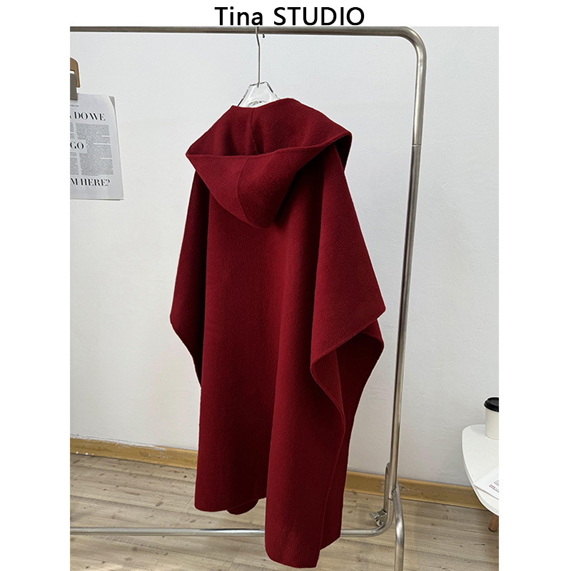 Warm Sunshine Oriental Dark Red Double-Sided Camel Wool Coat Mid-Length Woolen Hooded Cape Shawl for Women