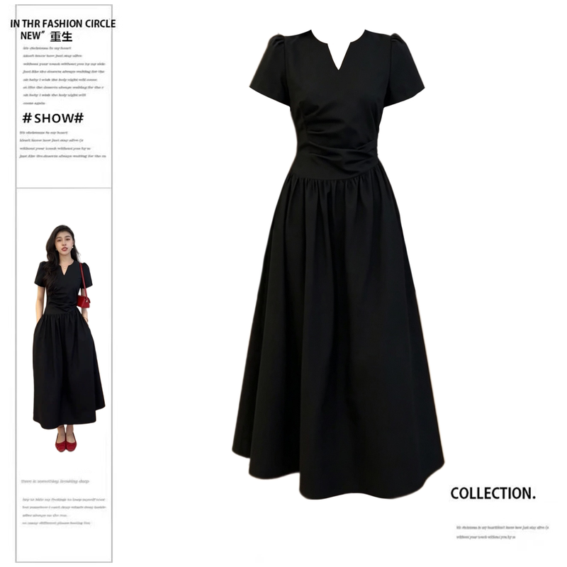 Rebirth Style Plus-Size French Hepburn-Style V-Neck Black Dress for Women, Summer Waist-Cinching Slimming A-Line Dress, Elegant Long Dress