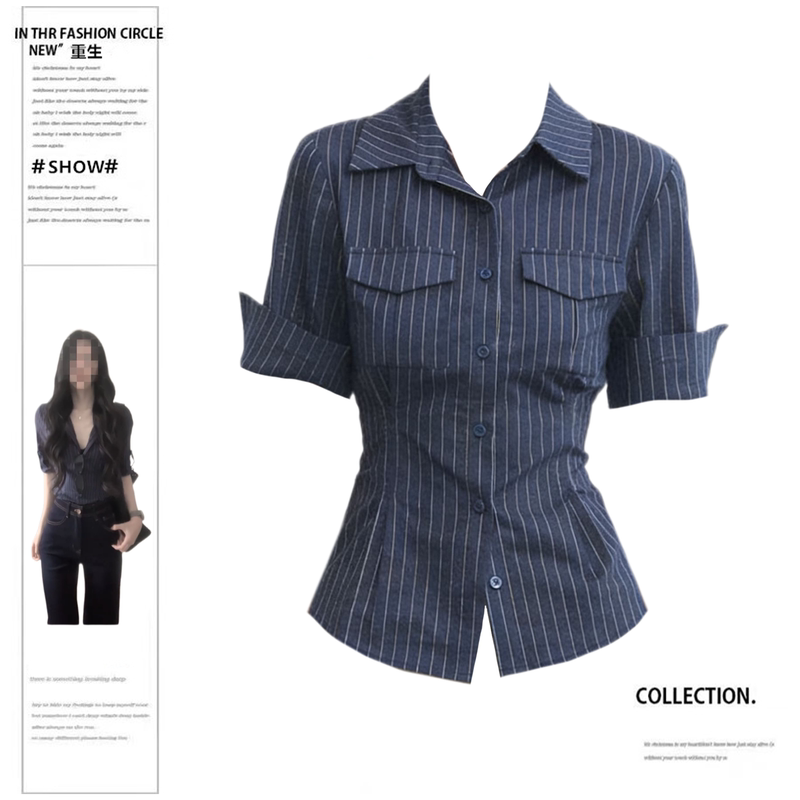 Rebirth Style for Slightly Chubby Women: Commuter Style Polo Collar Five-Quarter Sleeve Shirt for Women, Loose Fit, Waist-Cinching, Elegant and Sophisticated Workplace Outfit