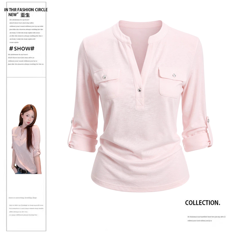 Reborn Slightly Chubby Girl Style V-Neck Buttoned Double-Pocket Mid-Sleeve Top for Women Early Autumn Korean Simple Casual Age-Reducing T-Shirt Reborn Slightly Chubby Girl Style V-Neck Buttoned Double-Pocket Mid-Sleeve Top for Women Early Autumn Korean Simple Casual Age-Reducing T-Shirt