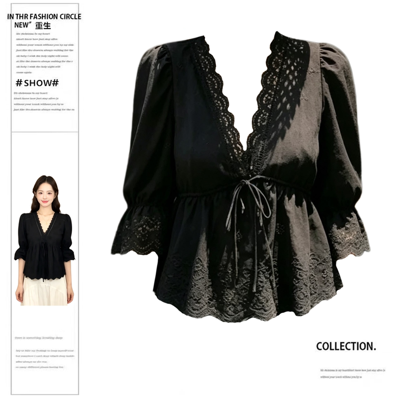 Rebirth Style Plus-Size French Romantic Black V-Neck Shirt for Women, Summer Lace Splicing Design Waist-Cinching Top