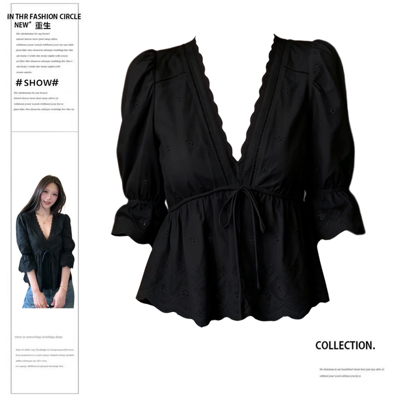Rebirth Style Slightly Chubby Girl French V-Neck Lace-Trimmed Shirt for Women, Summer Black Waist-Cinching Tie-Up Three-Quarter Sleeve Versatile Top Rebirth Style Slightly Chubby Girl French V-Neck Lace-Trimmed Shirt for Women, Summer Black Waist-Cinching Tie-Up Three-Quarter Sleeve Versatile Top
