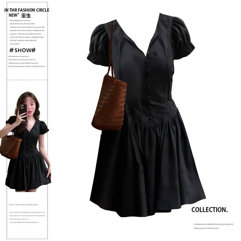 Rebirth Style Slightly Chubby Girl French Retro Black Puff Sleeve Dress Women's Summer New Waist-Cinching Slimming Stunning Dress