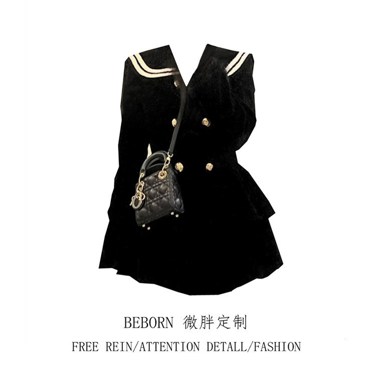 Large size women's fat mm autumn and winter design sense college style long-sleeved dress new navy collar button black skirt