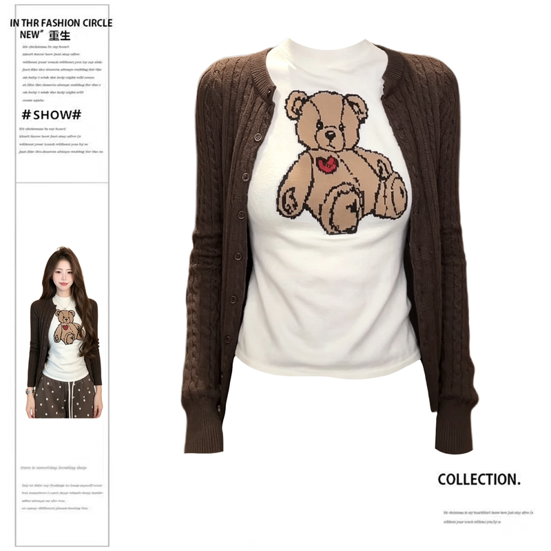 Reborn Chubby Girl Lazy Style Bear Cartoon Knit Sweater for Women Early Autumn New Round Neck Long Sleeve Sweater Vest Top Reborn Chubby Girl Lazy Style Bear Cartoon Knit Sweater for Women Early Autumn New Round Neck Long Sleeve Sweater Vest Top