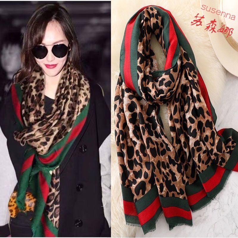 Celebrity same leopard scarf women's autumn/winter style student Korean version of the versatile chiffon silk scarf fashion plaid patchwork shawl