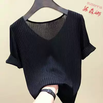 Ice silk 2020 spring and summer new sweater women's Korean slim-fit bottoming solid color V-neck short-sleeved T-shirt women's top tide