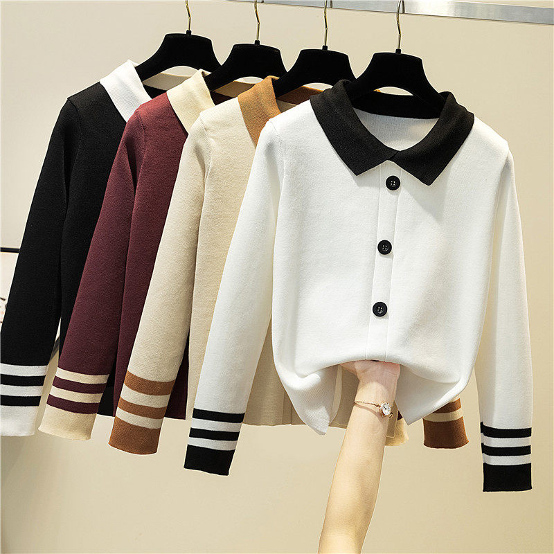 Autumn clothes 2022 The new female Han version of the body is a slim collage with a long sleeve needle weaseled dolly collar sweater short blouses