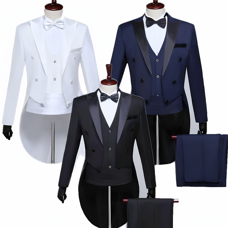 Black and White Blue Tuxedo Suit with Vest for Evening Party, Wedding, Singer, Host, Men's Performance, Conductor Uniform