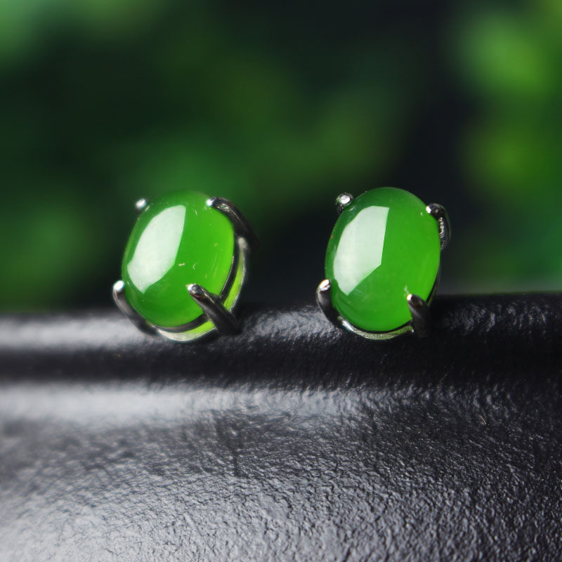 S925 silver inlay and field Bite jade ear needle anti-allergy natural jade earrings Elegant Fashion Women's Jade Earrings