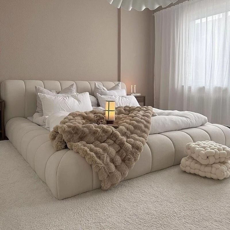 French Cream Style Fabric Bed, Normcore Master Bedroom, Stylish Puff Bed, Wedding Bed, Soft-Packed Tatami Floor-Standing Low Bed