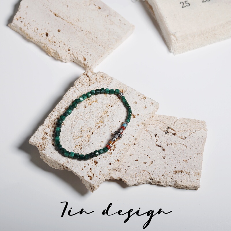 7In【Green】S925 Silver Bracelet for Women, Original Niche Design, Vintage Handmade Green Malachite Bracelet