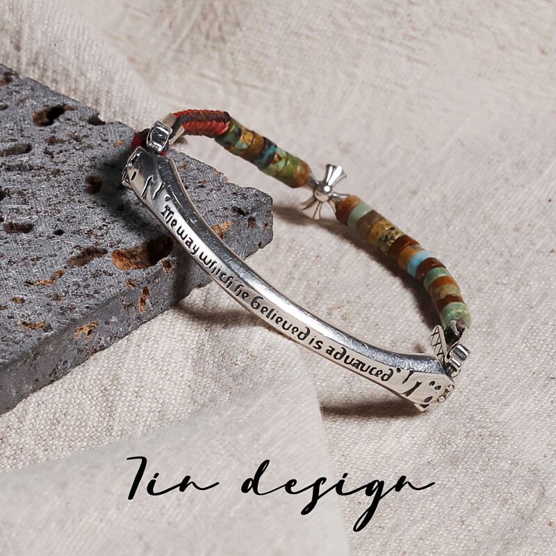 7In【Self】Original Niche Vintage Handmade Woven Turquoise Beaded Bracelet Couple 925 Sterling Silver Bracelet