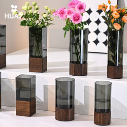 Round Vase with Chinese-Style Wooden Base, Anti-Fall Square Acrylic Plastic Vase, Living Room Flower Arrangement Decoration with a High-End Feel