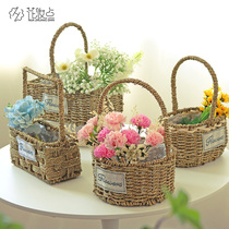 Woven hand flower blue grass basket with hand gift box handmade flower basket round bamboo woven living room pastoral decoration basket hanging basket