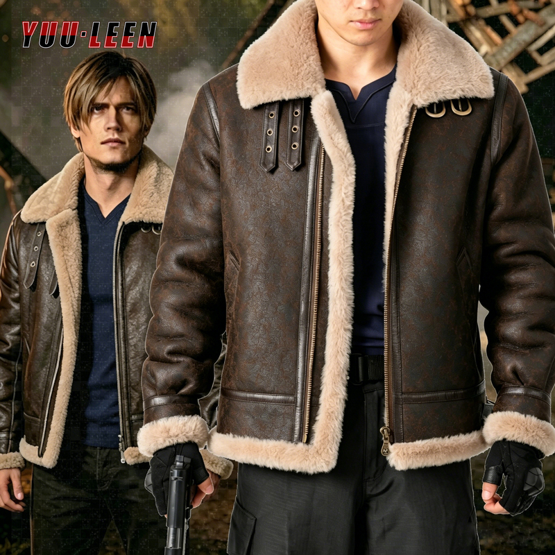 Resident Evil 4 Remake Leon-Style Jacket, Original Sheepskin Shearling Bomber Jacket, Genuine Leather Clothing