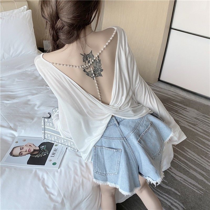 Spring and Summer Korean Style ins Internet Celebrity Style Sexy Backless Pearl Chain Long-Sleeve Thin Sun-Protective T-Shirt Women's Short Top