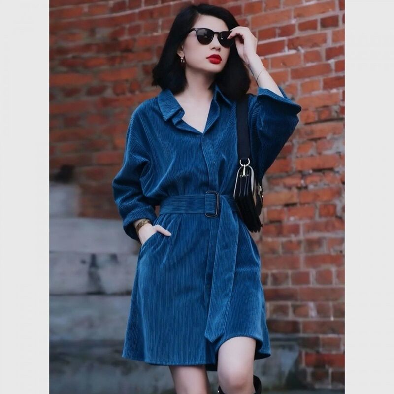 Blue Corduroy Dress with a Turn-Down Collar, 2025 New Model, This Year's Popular Hot Item, Beautiful Dress for Important Occasions Blue Corduroy Dress with a Turn-Down Collar, 2025 New Model, This Year's Popular Hot Item, Beautiful Dress for Important Occasions