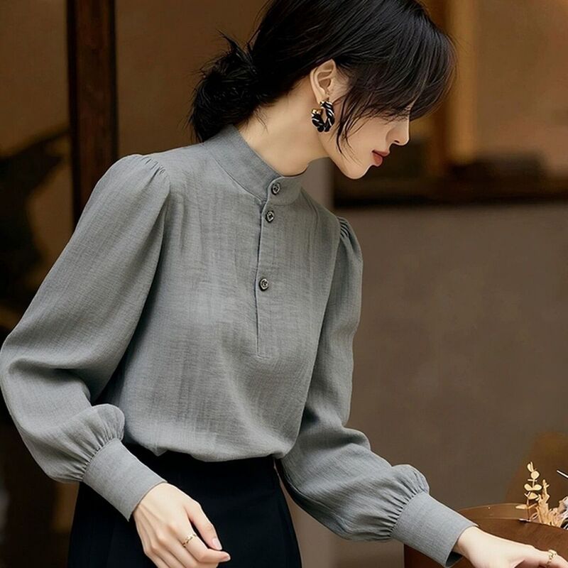 French-Style Elegant Gray Half-Turtleneck Shirt for Women, 2026 Spring New Model, High-End Fashion, Loose Fit, Slimming Top, Trendy