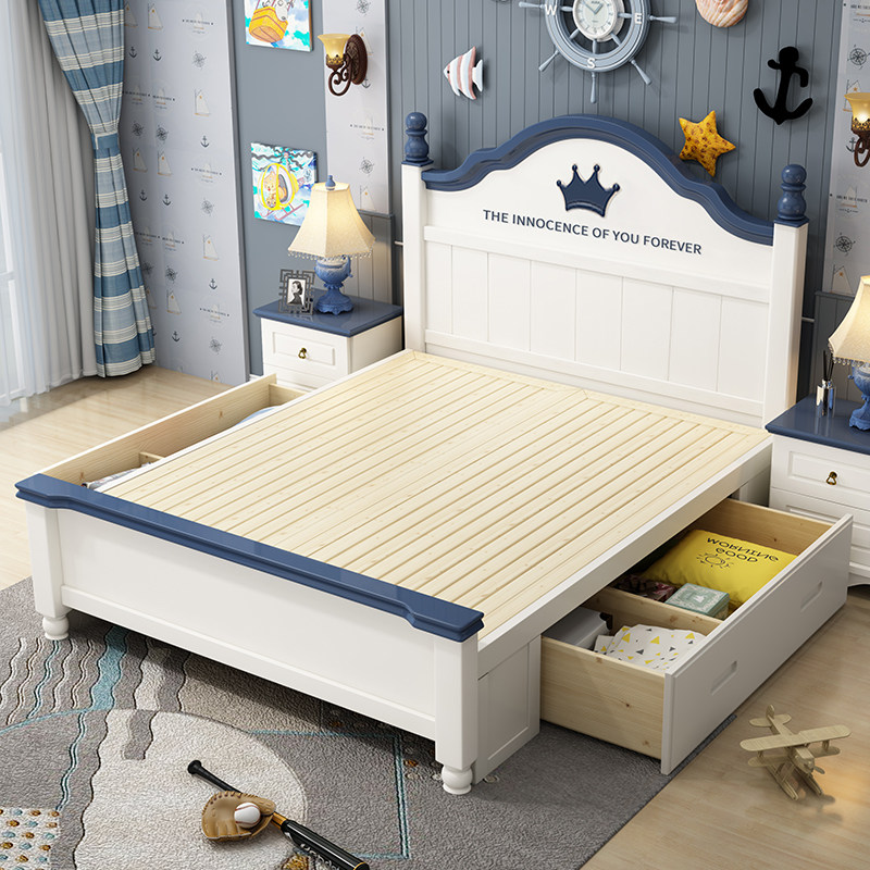 Solid wood children's bed Boy single bed 1 5 meters Child storage 1 2 beds Teen student cartoon 1 35 meters bed