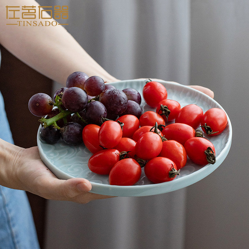 Left Tea Right Instrumental Green porcelain teapot tray Tea Cup Tray Pot Bearing Round Ceramic Dried Fruit Pan Dry Foam Pan Snacks Plate