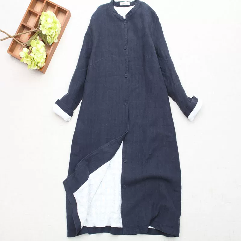 Áo gió vải lanh quần áo phụ nữ cotton và lanh văn học 2020 mùa xuân và mùa thu cổ đứng rộng rãi và áo khoác mỏng dài trên đầu gối một bên ngực - Trench Coat