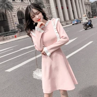 2018 mùa thu và mùa đông mới của Hàn Quốc phiên bản của phụ nữ tính khí thời trang bằng gỗ tai eo eo là mỏng đan Một từ váy váy triều mẫu váy chữ a cho người béo