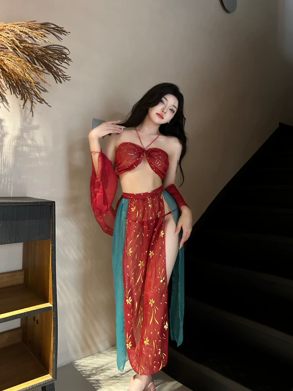 Phong cách cổ xưa dây cổ nhìn xuyên thấu hở lưng cosplay váy xẻ cao Hanfu đỏ nhà đồng phục Bộ đồ ngủ