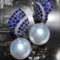 Two-wearing Australian white stud earrings 14 6M seawater pearl sapphire inlaid with diamonds immaculate round earrings