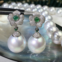 Seawater pearl Australia white water drop earrings 18K gold diamond emerald inlaid noble retro drop earrings