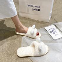 Japan GP cute fur slippers women new indoor home flat non-slip word warm plush slippers