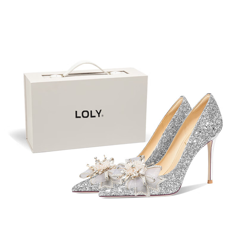 Loly【Blue Rain Star】French-Style Wedding Shoes for Women, Silver Sparkling Crystal Shoes, Qixi Festival 18Th Birthday Coming-Of-Age Ceremony High Heels