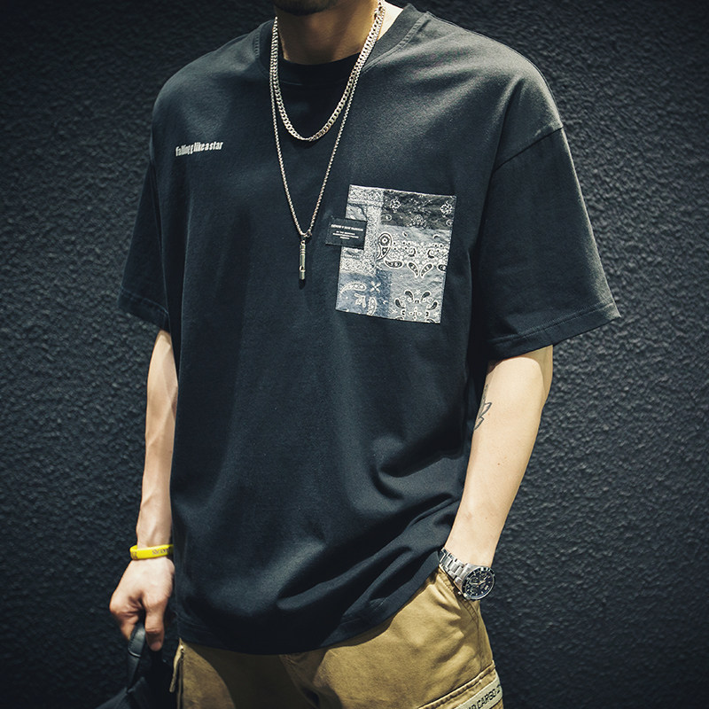 Summer black cotton short-sleeved t-shirt men loose tide in large size half-sleeved fat man weight and trend shirt