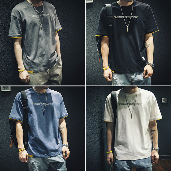 夏季纯棉短袖t恤男宽松潮牌假两件ins半袖大码胖子加肥加大体恤潮