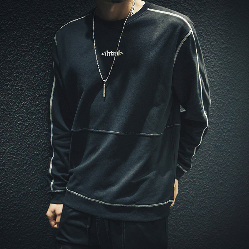 2022 spring and autumn long sleeves thick cotton T male loose tide card ins and round collar large size blouse with fat and fatter to increase coat tide