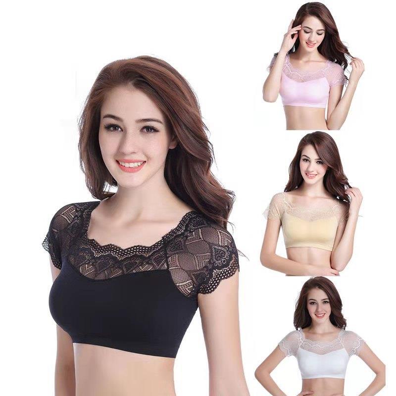 Lace Short-Sleeve Camisole with Chest Pads and Mesh Fake Collar Half-Tops for Women