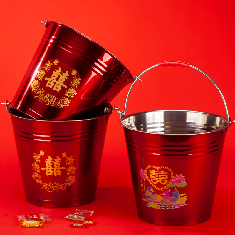 Thickened Stainless Steel Wedding Buckets, a Pair of Buckets for the Bride and Groom, Dowry Supplies, Red Water Buckets, Wedding Red Buckets