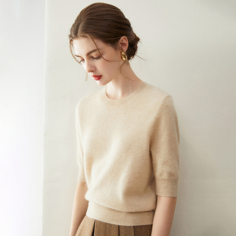 Soft and Cozy 100% Pure Cashmere Sweater for Women, Round Neck, Five-Quarter Sleeves, Minimalist Style, Autumn and Winter Mid-Sleeve Versatile Base Shirt Soft and Cozy 100% Pure Cashmere Sweater for Women, Round Neck, Five-Quarter Sleeves, Minimalist Style, Autumn and Winter Mid-Sleeve Versatile Base Shirt