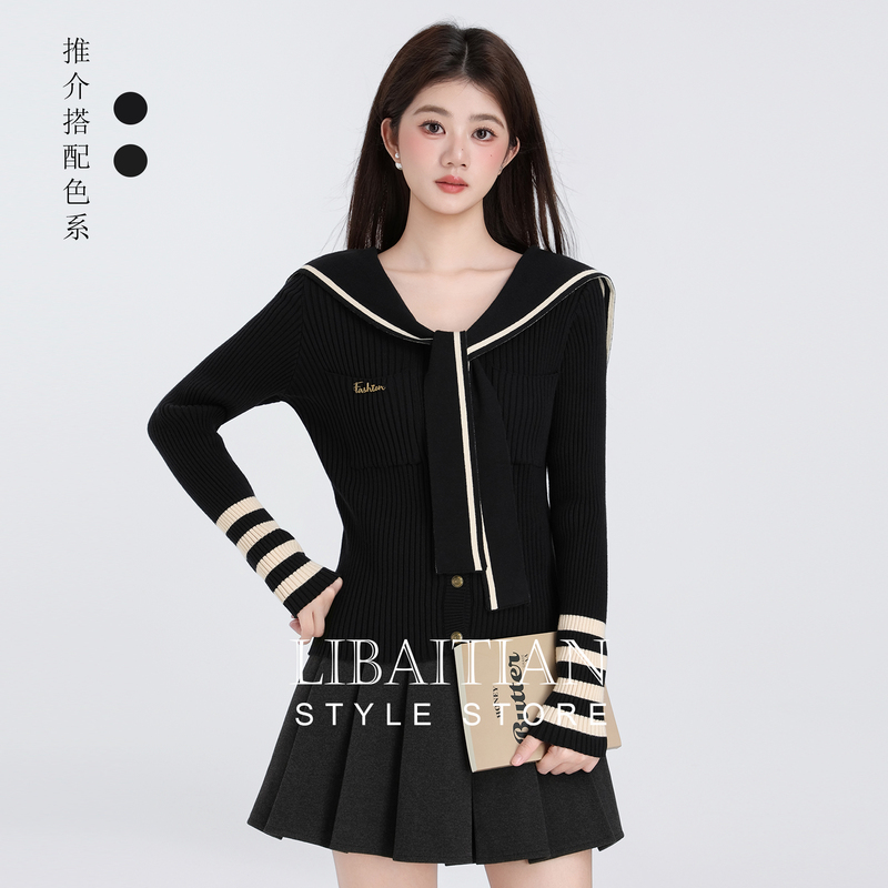 Navy Collar Shawl Slim Long-Sleeved Knitwear for Women 2025 Autum New Preppy Style Stripesd Cardigan Short Top