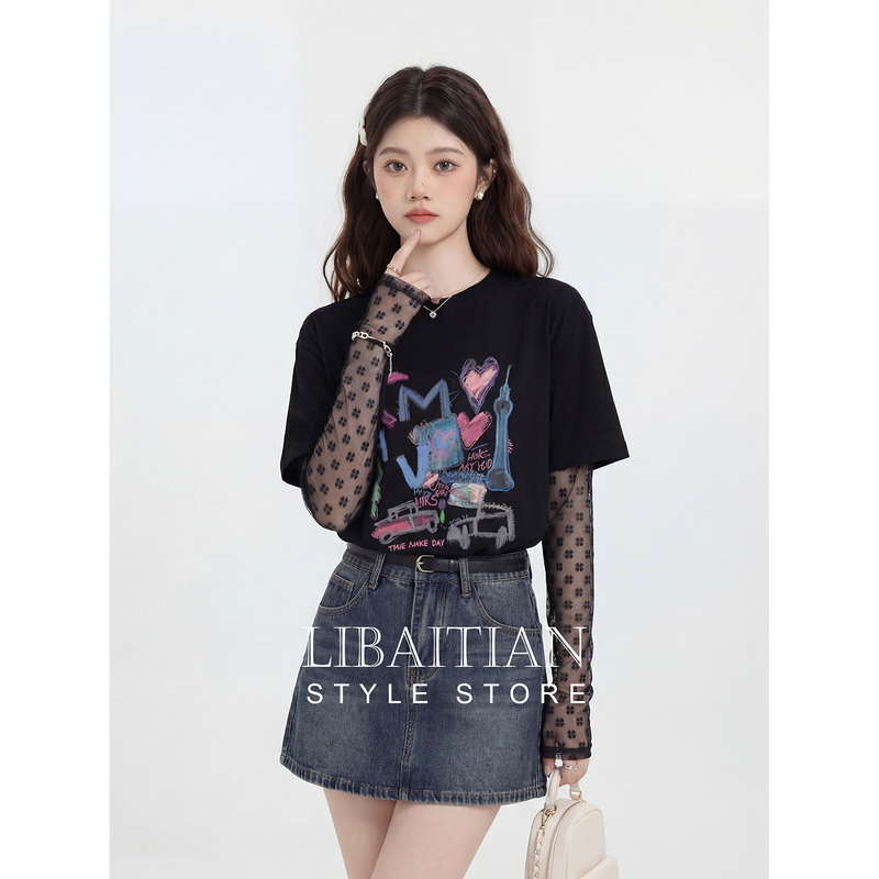 Fashionable Casual Style Fake Two-Piece T-Shirt for Women 2026 New Summer Round Neck Printed Pattern Slimming Elegant Top Fashionable Casual Style Fake Two-Piece T-Shirt for Women 2026 New Summer Round Neck Printed Pattern Slimming Elegant Top