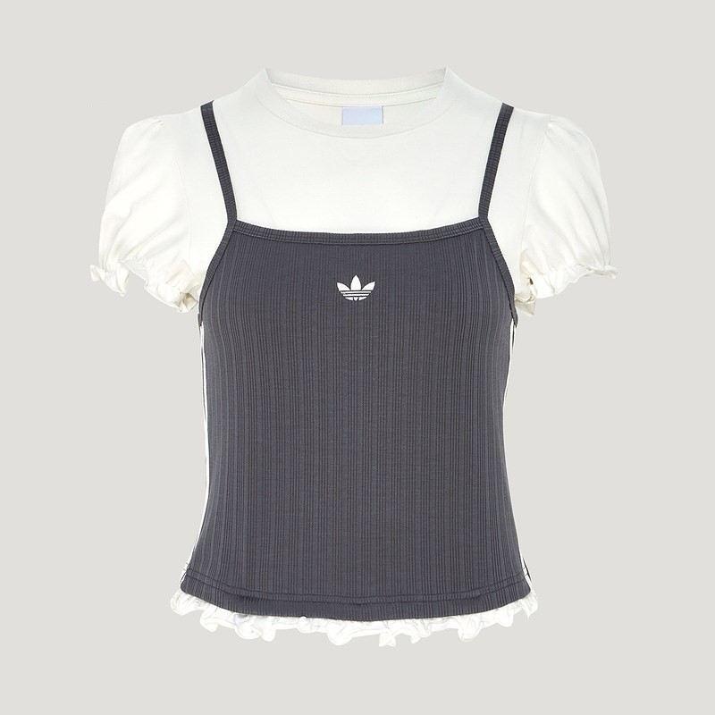 Adidas Originals Women's Classic Casual Fake Two-Piece Slim Fit Puff Sleeve Short Sleeve T-Shirt Li5117Li5118 Adidas Originals Women's Classic Casual Fake Two-Piece Slim Fit Puff Sleeve Short Sleeve T-Shirt Li5117Li5118