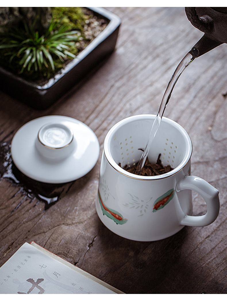 Jingdezhen hand - made exquisite tea cups with cover ceramic filter cup of tea to separate office cup household creative mugs