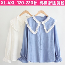 2021 New plus size maternity dress 200 Jin cotton long sleeve shirt spring and autumn doll lace lapel white shirt