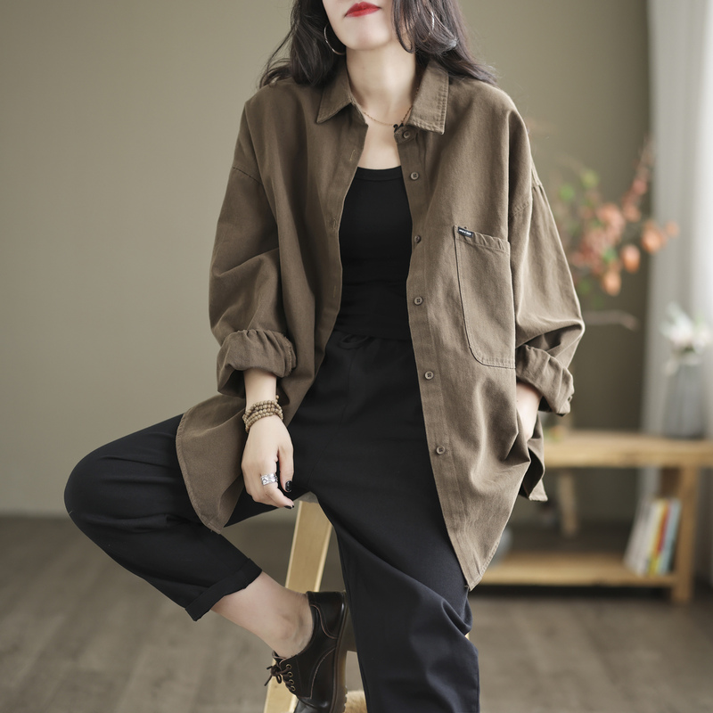 Spring Women's Shirt Pure Cotton Top Jacket Casual Loose Large Size Single-Breasted Solid Color Long-Sleeve Cardigan Shirt for Women