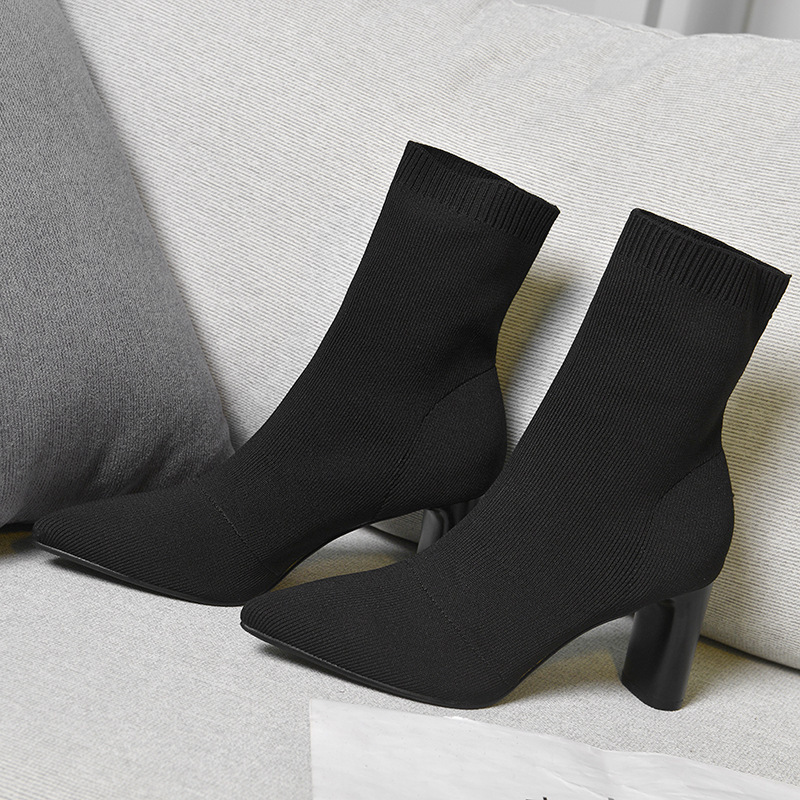 Knitted Stretch Fabric Short Boots for Women 2026 Spring and Autumn Versatile Pointed Toe Flat Heel Sock Boots Black Professional Mid-Calf Slimming Single Boots