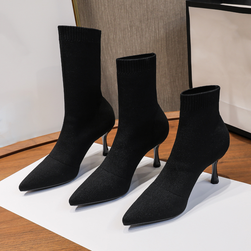 Knitted Elastic Slim Boots 2026 Autumn Versatile Slimming Pointed Toe Stiletto Mid-Calf Sock Boots Women's High-Heeled Professional Short Boots