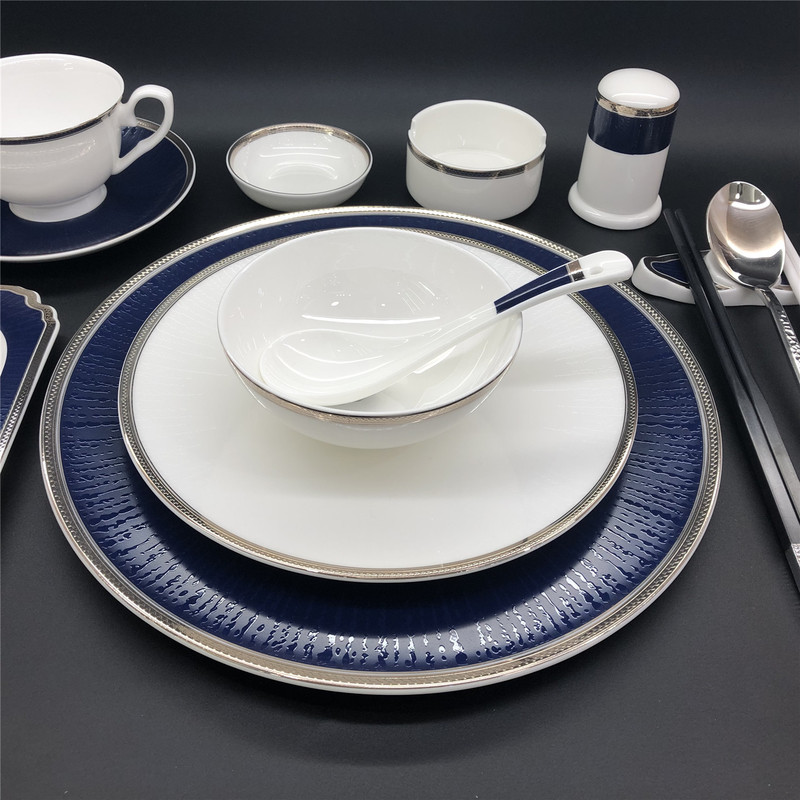 Lantingxu Hotel Tableware Set with Silver Edges, Light Luxury High-End Ceramic Bowls, Plates, Spoons, Bone China Restaurant Embossed Set Lantingxu Hotel Tableware Set with Silver Edges, Light Luxury High-End Ceramic Bowls, Plates, Spoons, Bone China Restaurant Embossed Set